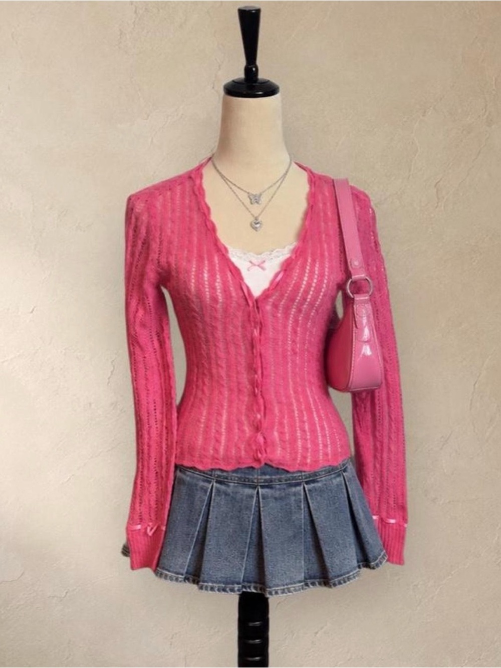 Wet Seal Pink Mohair Blend Pointelle Ribbon Cuff Cardigan Sweater Size M